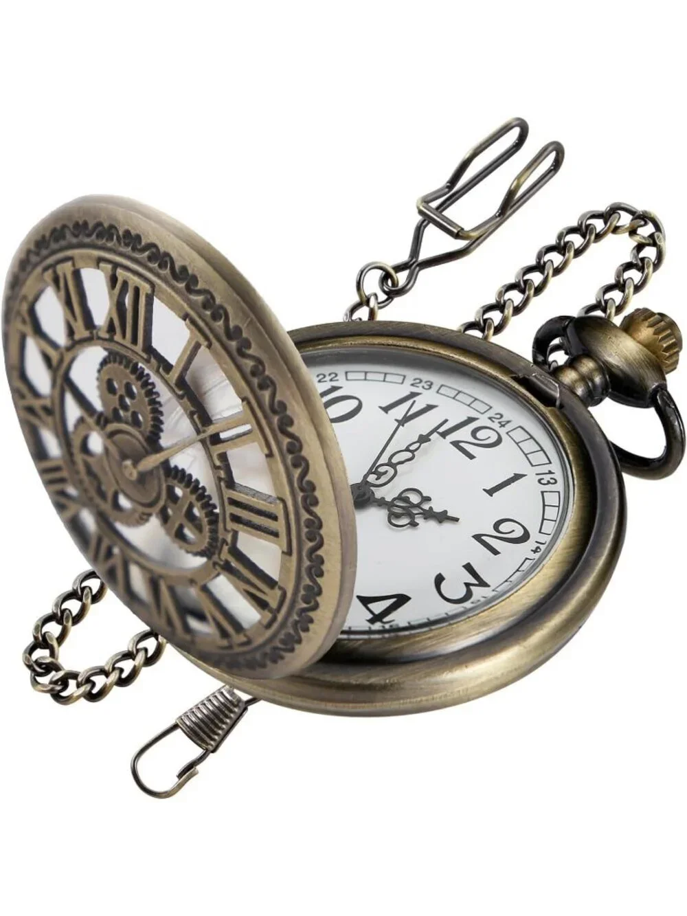 Men's Brown Analog Quartz Arabic Numeral Three Small Gear Chain Pocket Watch